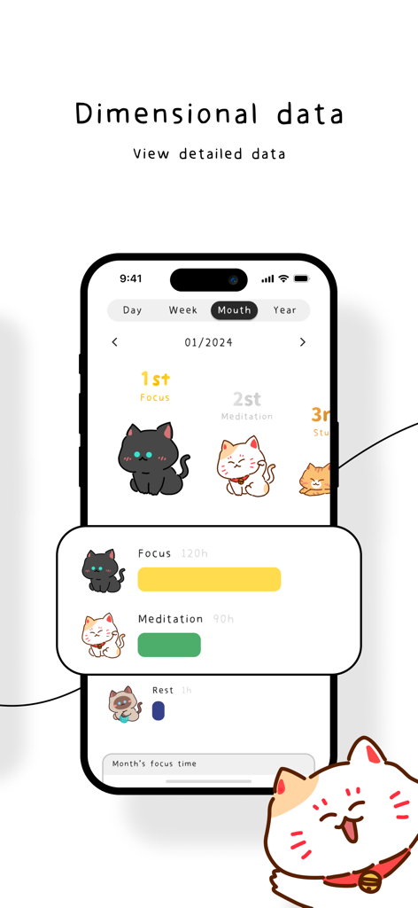 Cat Flow - Kitty Focus Timer - A mobile app screen showing monthly productivity statistics for focus and meditation with cute illustrated cats.