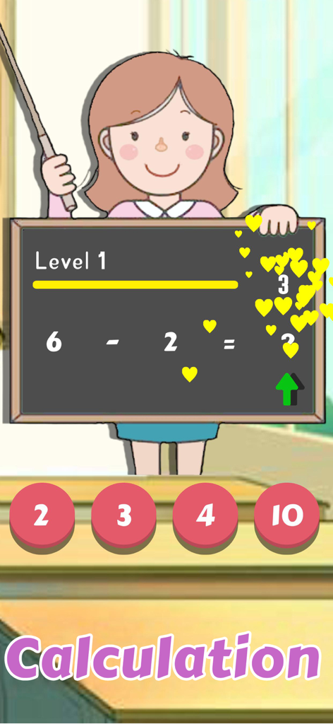 Educational math game screen showing a subtraction problem on a blackboard with a teacher character