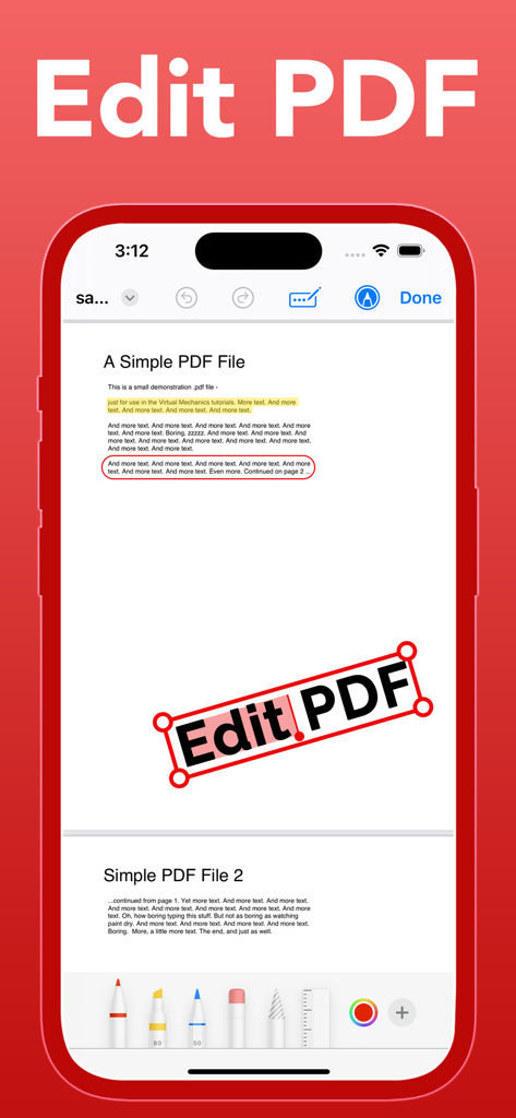 PDF Reader PDF Viewer - iPhone上のPDFリーダーアプリのスクリーンショット。テキストのハイライトや注釈ツールを含むPDF編集インターフェイスが表示されています。