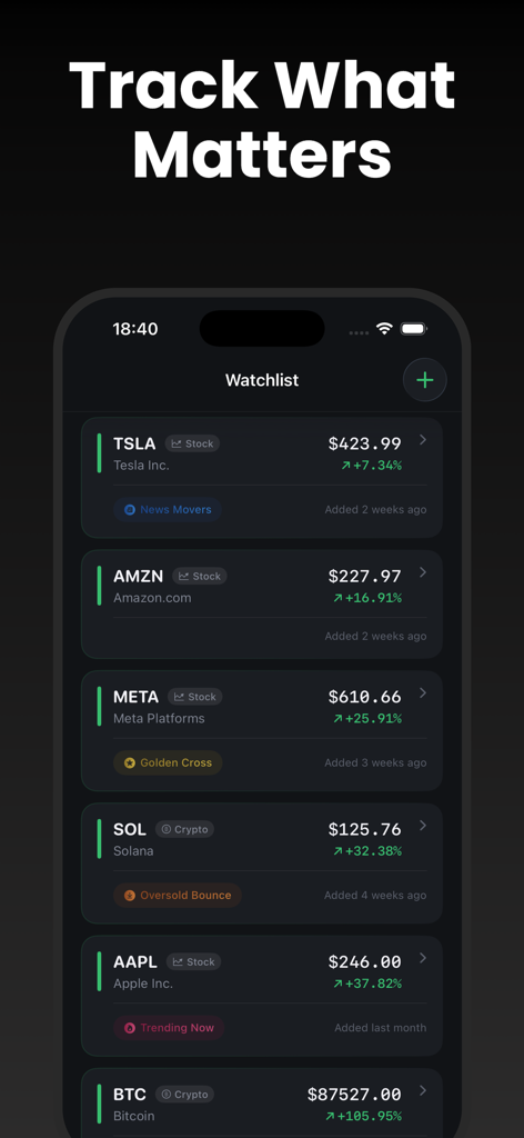 TradeGPT - TradeGPT mobile app interface showing a customized watchlist of stocks and cryptocurrencies