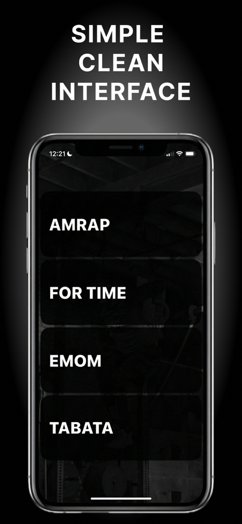The WOD Timer - The WOD Timer app interface showing workout presets for AMRAP For Time EMOM and Tabata