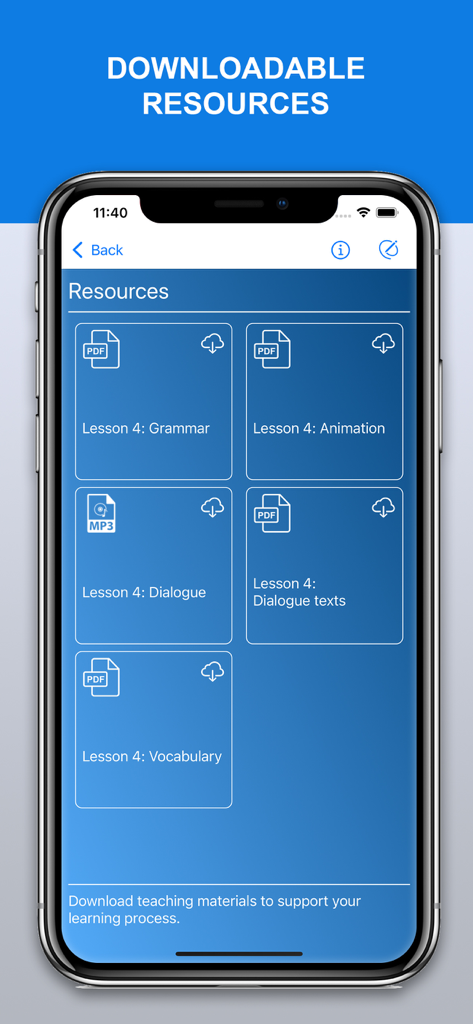 Learn Armenian with AVC - Una schermata mobile che mostra risorse PDF e MP3 scaricabili per la Lezione 4 nell'app Impara l'armeno con AVC