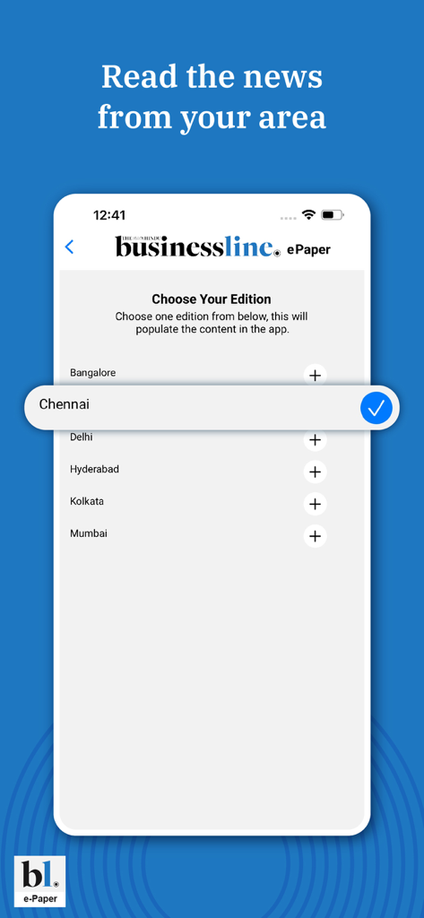 Businessline - Business ePaper - Businessline ePaper app screen showing city edition selection with Chennai selected