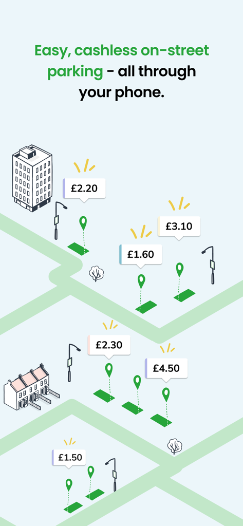 Isometric illustration of city streets showing available on-street parking spots with price tags in the JustPark app