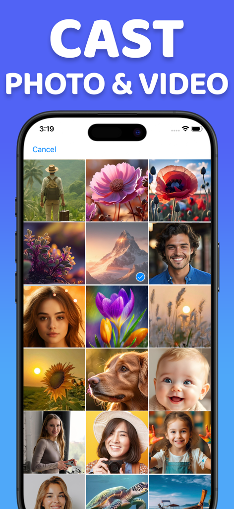 Screen Mirroring: Cast SmartTV - iPhone screen displaying a gallery of photos ready to be cast to a Smart TV