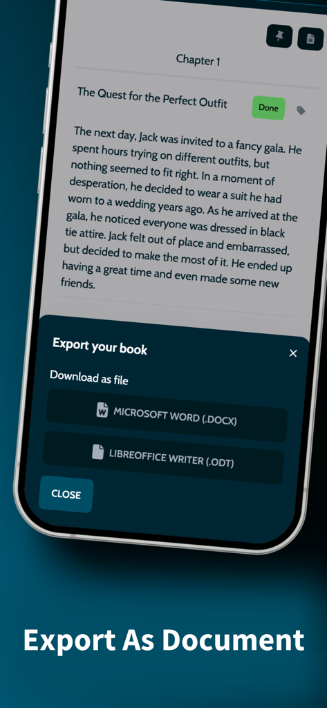 MyStory.today app interface on iPhone showing options to export a writing project to Microsoft Word or LibreOffice formats