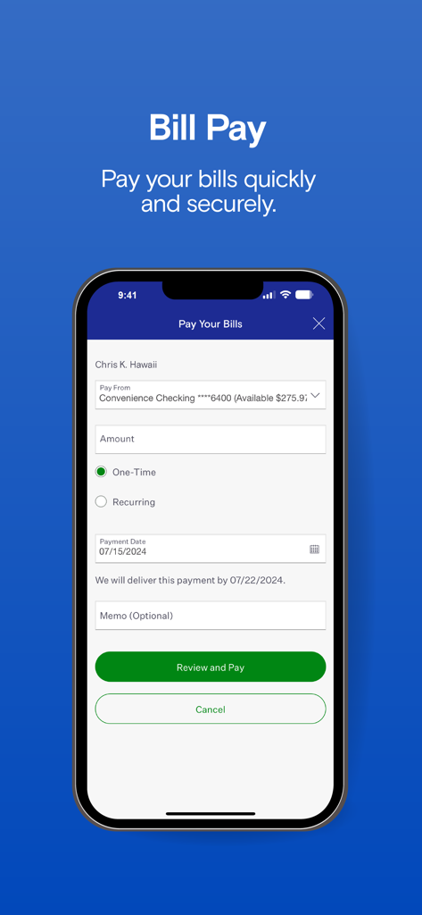 Bank Of Hawaii Mobile App - Bank of Hawaii mobile app screen showing the bill pay interface with options for one-time or recurring payments