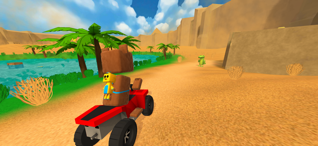 Super Bear Adventureのヤシの木と湖のある砂漠のオアシスレベルで赤いATVを運転するクマのBaaren。