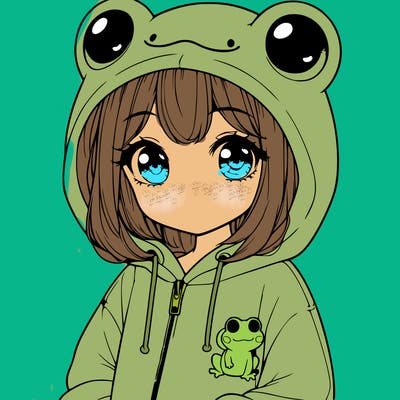 cute realistic girl in a froggy hoodie