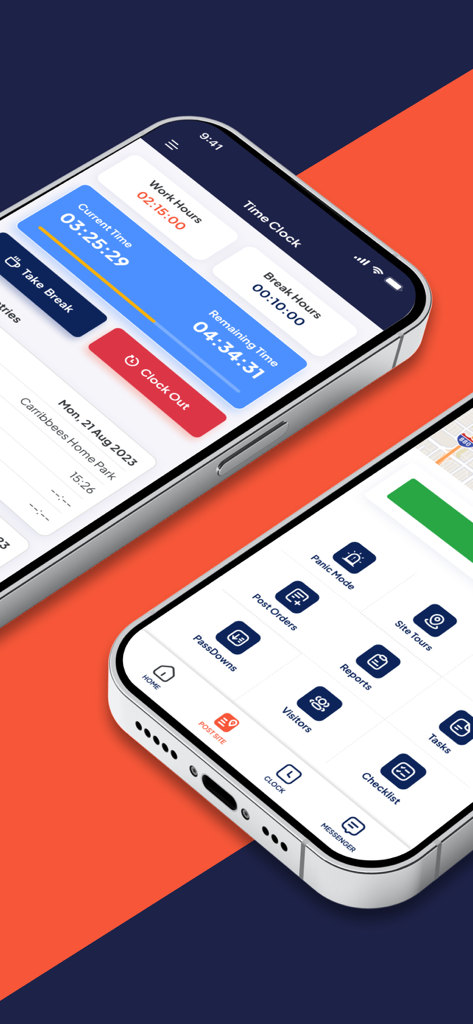 GuardsPro Security Guard App - Two iPhones showing the GuardsPro security guard app with time clock and site management features