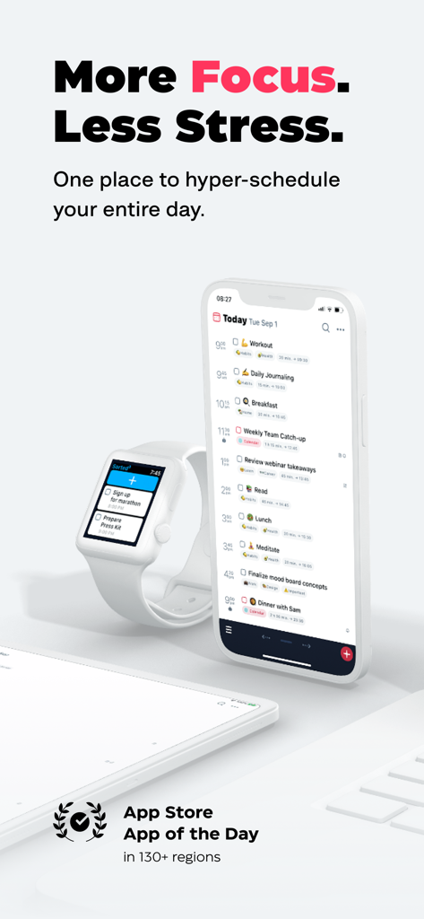 Sorted³ - Calendar Notes Tasks - Sorted3 productivity app showing a unified timeline of tasks and calendar events on an iPhone and Apple Watch