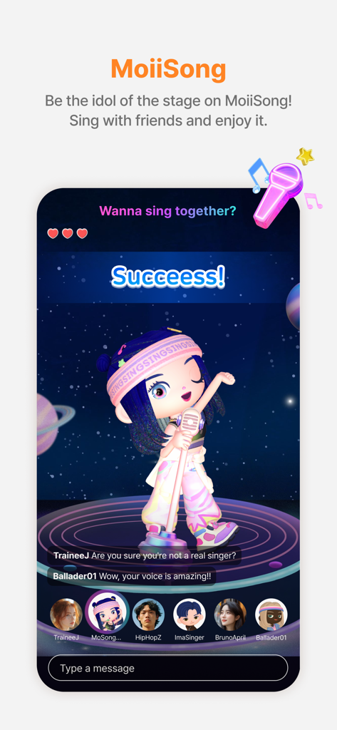 Moii - Heartfelt Connections - A personalized avatar singing on a virtual stage in the Moii social app