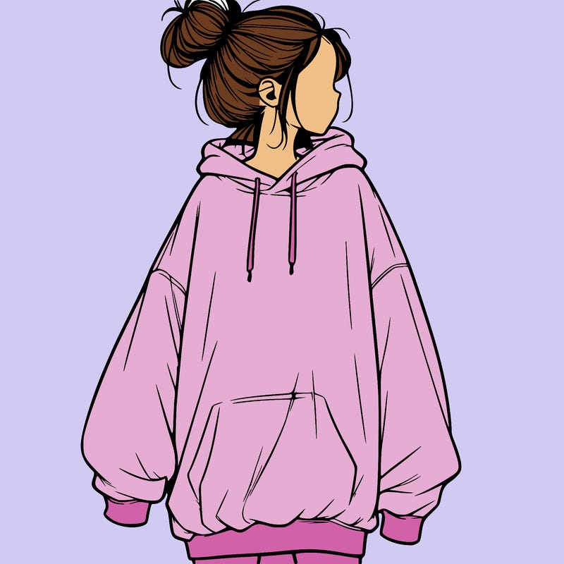 realistic girl with a oversized sweatshirt on and a bun