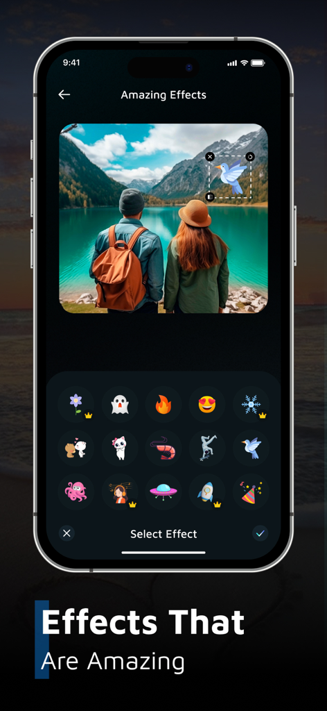 AI Sky Replacement Sky Changer - Interface of the AI Sky Replacement app showing creative stickers and effects being added to a mountain landscape photo.