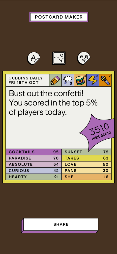 GUBBINS — It's a word game - A high score postcard from the Gubbins word game showing a top five percent ranking and a list of played words.