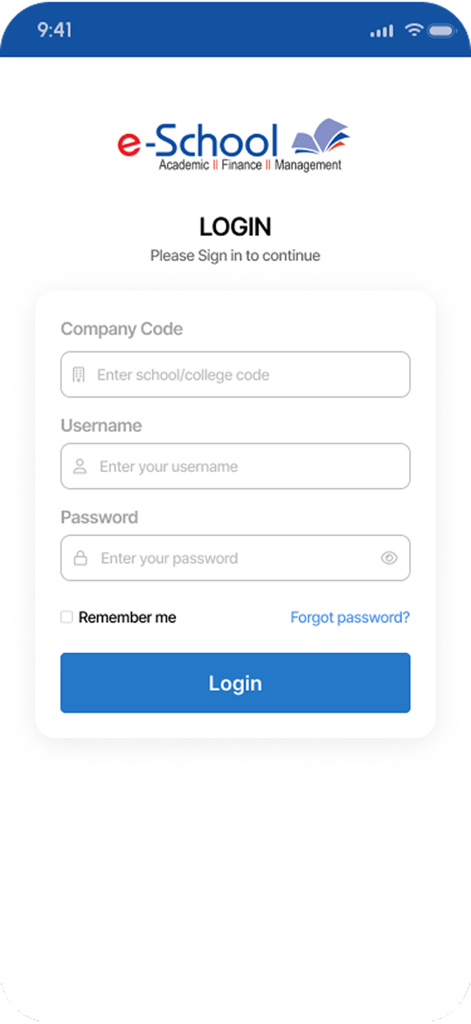 eSchool App by eZone - Interfaz de inicio de sesión para la aplicación eSchool de eZone con campos para código de empresa, nombre de usuario y contraseña