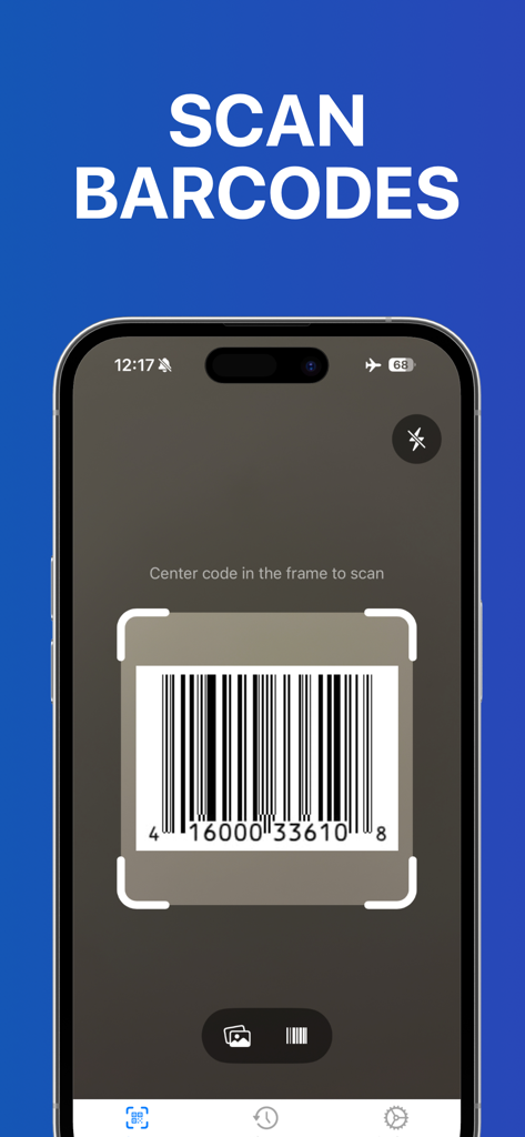 Smartphone screen showing the barcode scanning interface of the QR Code and Barcode Scanner app