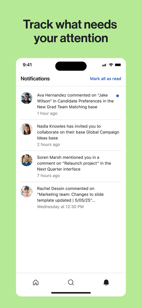 Airtable - Airtable mobile app notifications feed showing recent comments and team collaboration updates