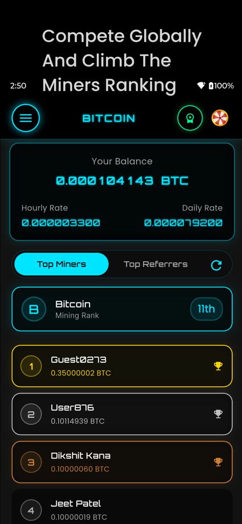 Bitcoin mining app leaderboard screen showing global user rankings and mining rates