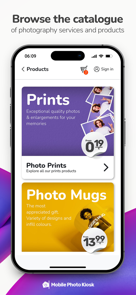 Mobile Photo Kiosk app screen showing a catalogue of photography services including photo prints and photo mugs.