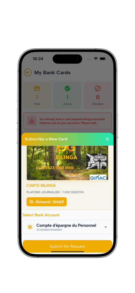 EDG MOBILE-BANK - EDG MOBILE-BANK app screen for managing bank cards and subscribing to a new Bilinga card