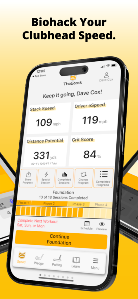 The Stack System - The Stack System mobile app dashboard displaying golf clubhead speed analytics and training progress