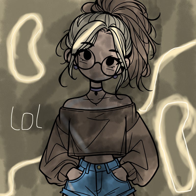 girl with a messy ponytail glasses a baggy crop top and jean shorts