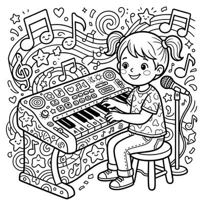 Ignite your child's musical creativity with this adorable coloring page featuring a happy kid playing a keyboard workstation. Perfect for young aspiring musicians aged 4-8, it offers hours of engaging artistic fun.