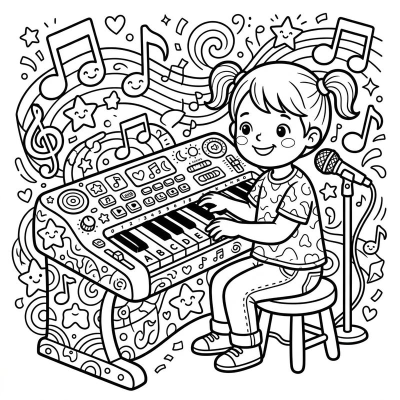 Ignite your child's musical creativity with this adorable coloring page featuring a happy kid playing a keyboard workstation. Perfect for young aspiring musicians aged 4-8, it offers hours of engaging artistic fun.