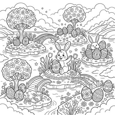 Embark on a delightful Easter coloring journey across charming continental islands, brimming with cheerful bunnies and beautifully decorated eggs. This intricate scene invites you to bring the joyous spirit of spring to life with your favorite colors.