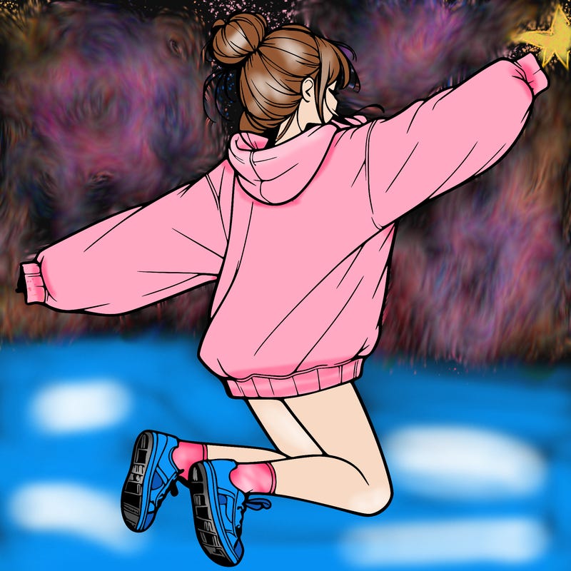 realistic girl jumping with a bun and oversized sweatshirt