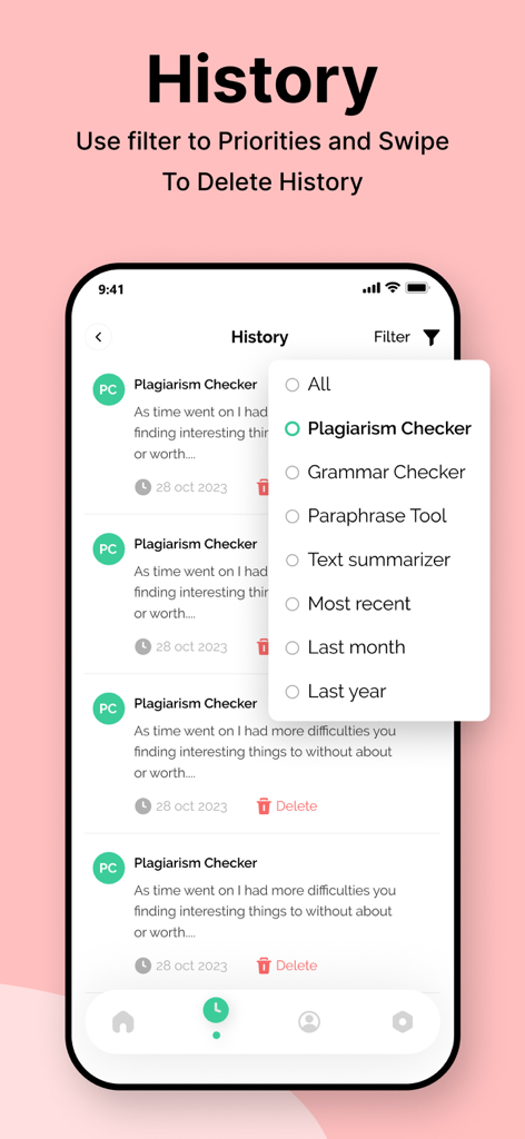 La pantalla de historial de la aplicación Detector de Plagio que muestra una lista de escaneos anteriores y un menú de filtro para diferentes herramientas de escritura como corrector gramatical y parafraseador