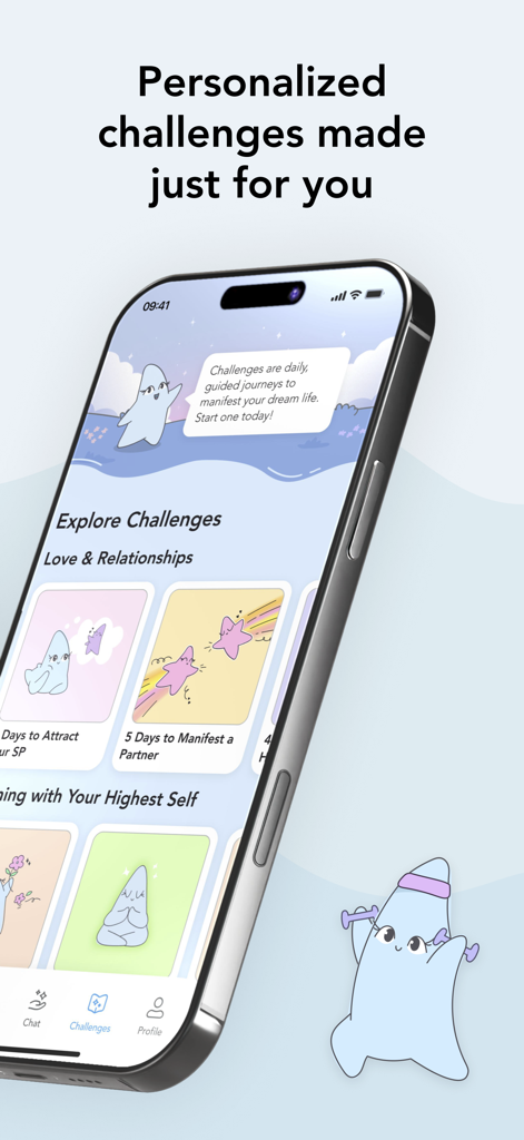 Manifest: Daily Journal - Pantalla de la aplicación Manifest que muestra desafíos personalizados de bienestar y relaciones con una amigable mascota estrella