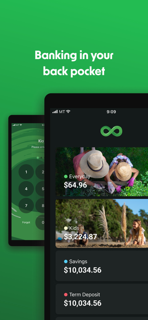 The Co-operative Bank (NZ) - The Co-operative Bank NZ app interface in dark mode showing personalized accounts with custom photos and balances