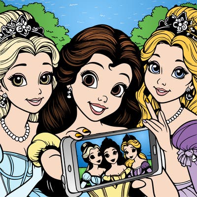 fairytale princesses who take a selfie together realistic