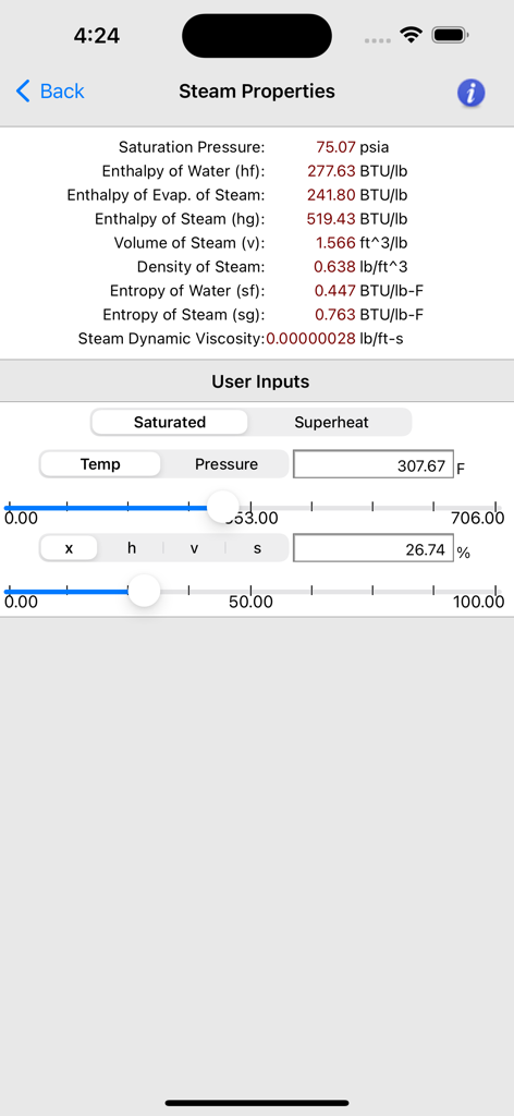 Mobile app interface for calculating saturated steam properties using sliders and numeric inputs