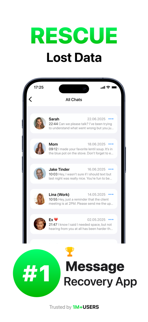 Interface of the Recover Deleted Messages app showing a list of recovered chat conversations from various contacts