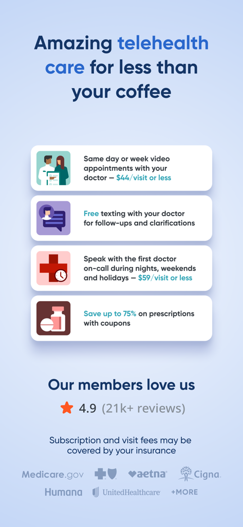 HealthTap Primary Care Doctors - Gráfico que muestra las características de la aplicación HealthTap como citas por video el mismo día, mensajes de texto gratuitos con médicos y ahorros en recetas médicas.