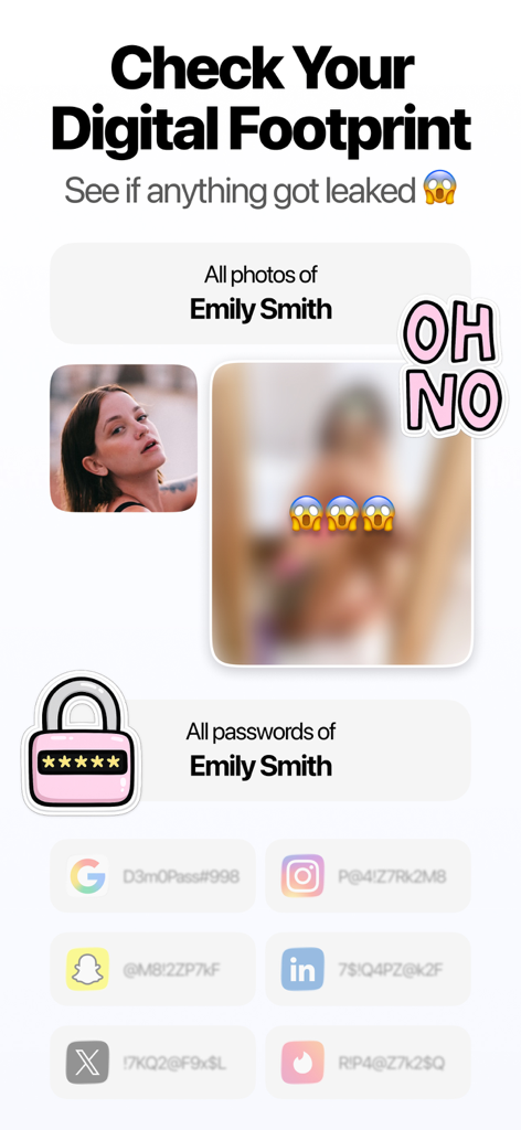 Scout: Deep Search AI - Interface of the Scout app showing search results for a digital footprint including public photos and leaked passwords