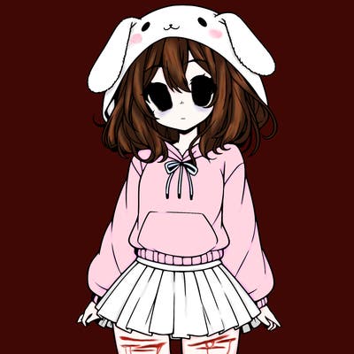 pretty anime girl wearing a fluffy hoodie with bunny ears on the hood and a skirt