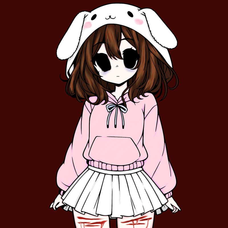 pretty anime girl wearing a fluffy hoodie with bunny ears on the hood and a skirt