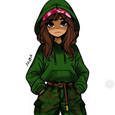 realistic girl with baggy jeans, a hoodie and hat long hair