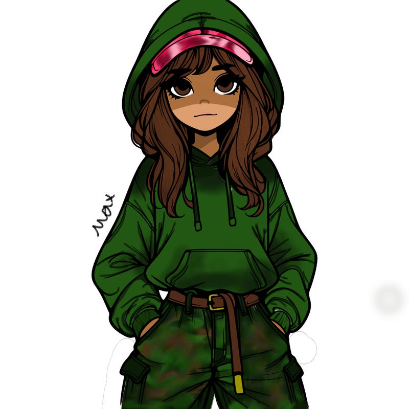 realistic girl with baggy jeans, a hoodie and hat long hair