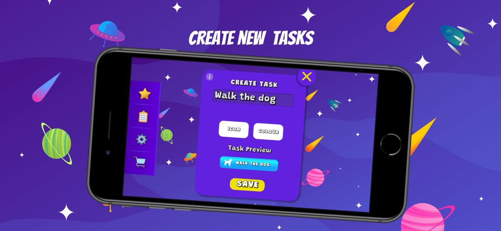 Star Chart - Parenting App - Un smartphone que muestra la interfaz de creación de tareas de la aplicación Star Chart con temática espacial y un ejemplo de tarea de pasear al perro.