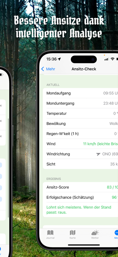 Waidwerk - Waidwerk app interface showing hunting success probability and current weather data