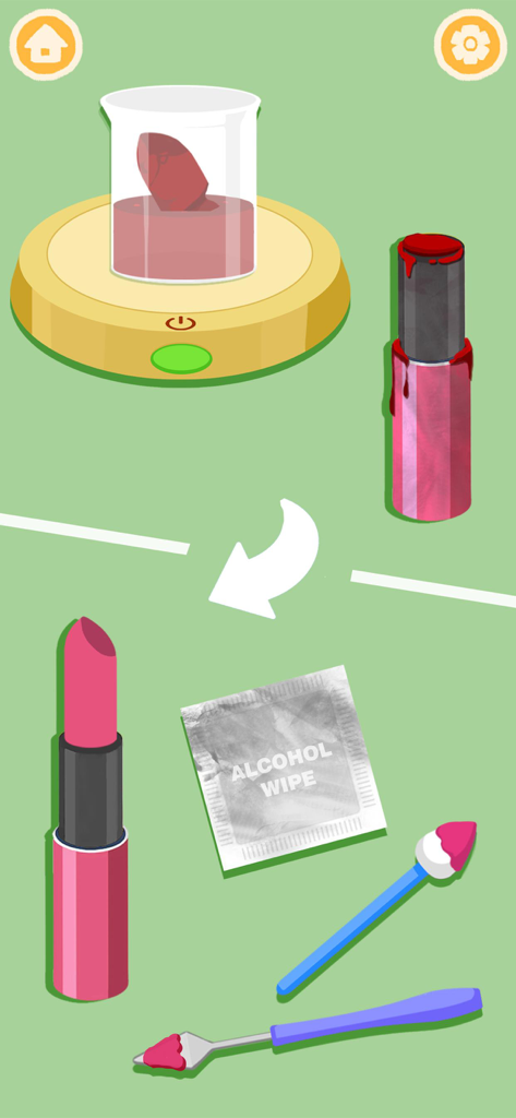 Satisfying ASMR Makeup Games - Una schermata di un gioco di trucco che mostra strumenti per la riparazione e la pulizia del rossetto, inclusi un disinfettante per le mani e una spatola