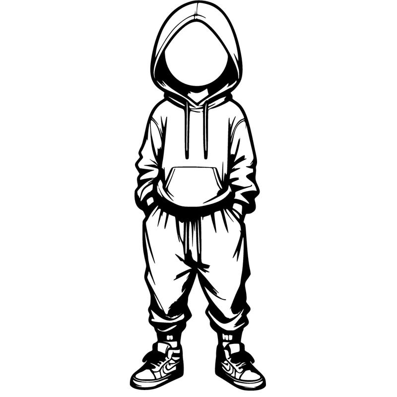 realistic faceless girl with baggy pants and hoody over her head