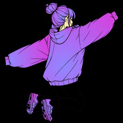 realistic girl jumping with a bun and oversized sweatshirt