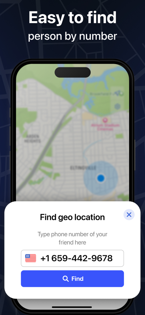 Find my Phone – Family Locator - A mobile phone screen displaying a map and a search box to find a person's geolocation by their phone number.