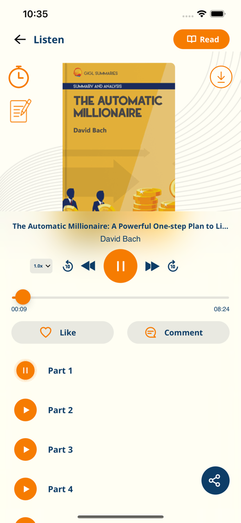 Audio player interface in the GIGL app showing playback controls and chapters for a book summary